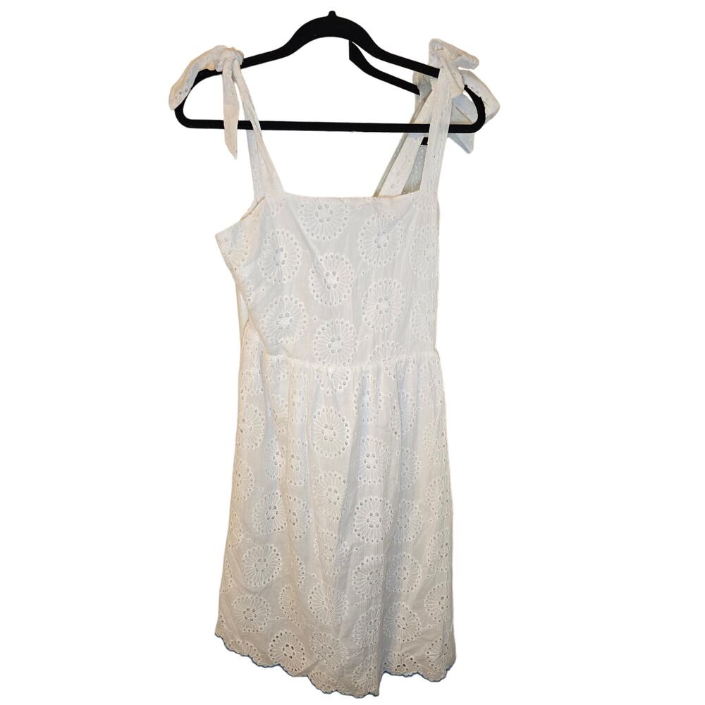 NWT Sugar Lips Tie Shoulder White Eyelet Dress with Blue Trim 100% Cotton M